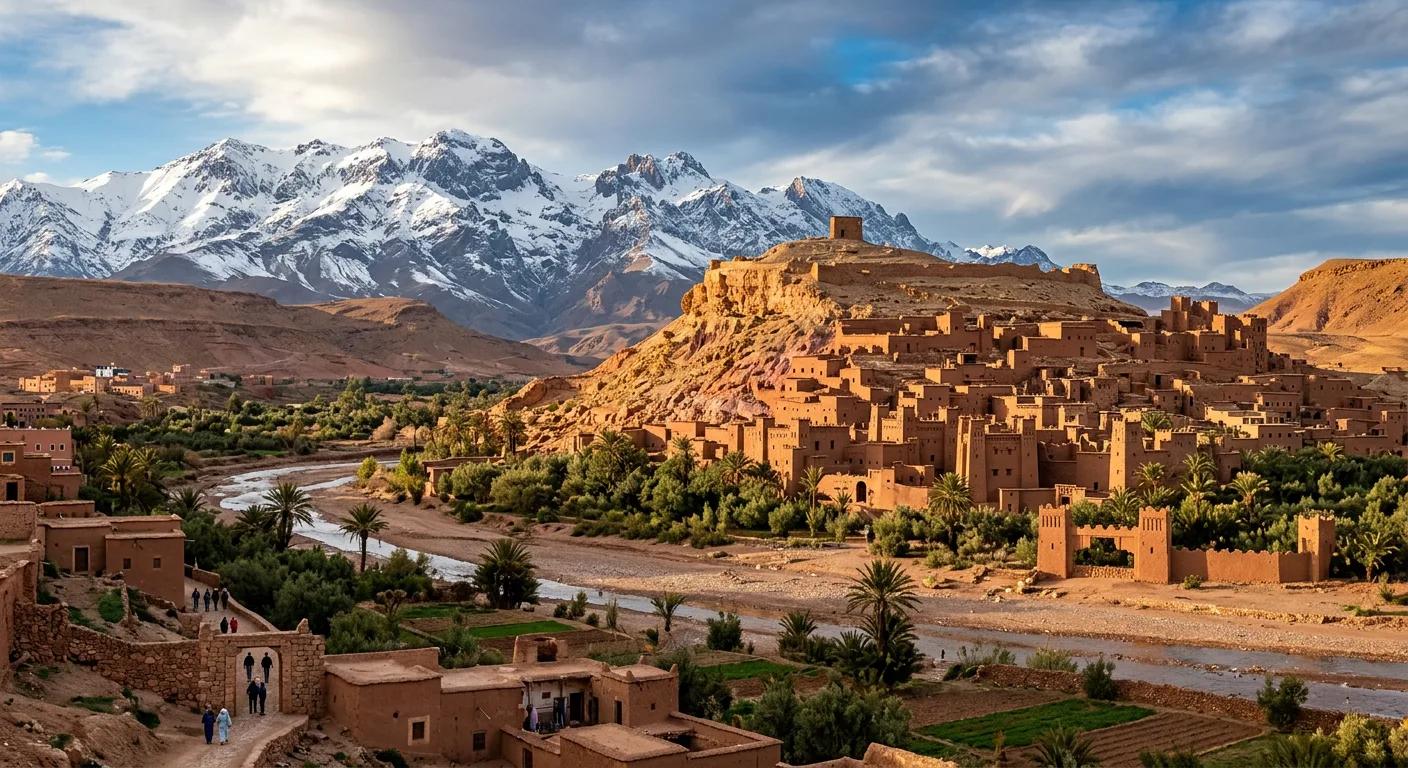 Ait Ben Haddou kasbah with the snow-capped High Atlas Mountains