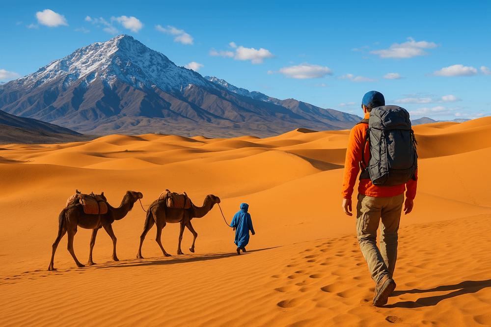 Trekker following a camel caravan through the Sahara dunes toward a snow-capped Atlas peak