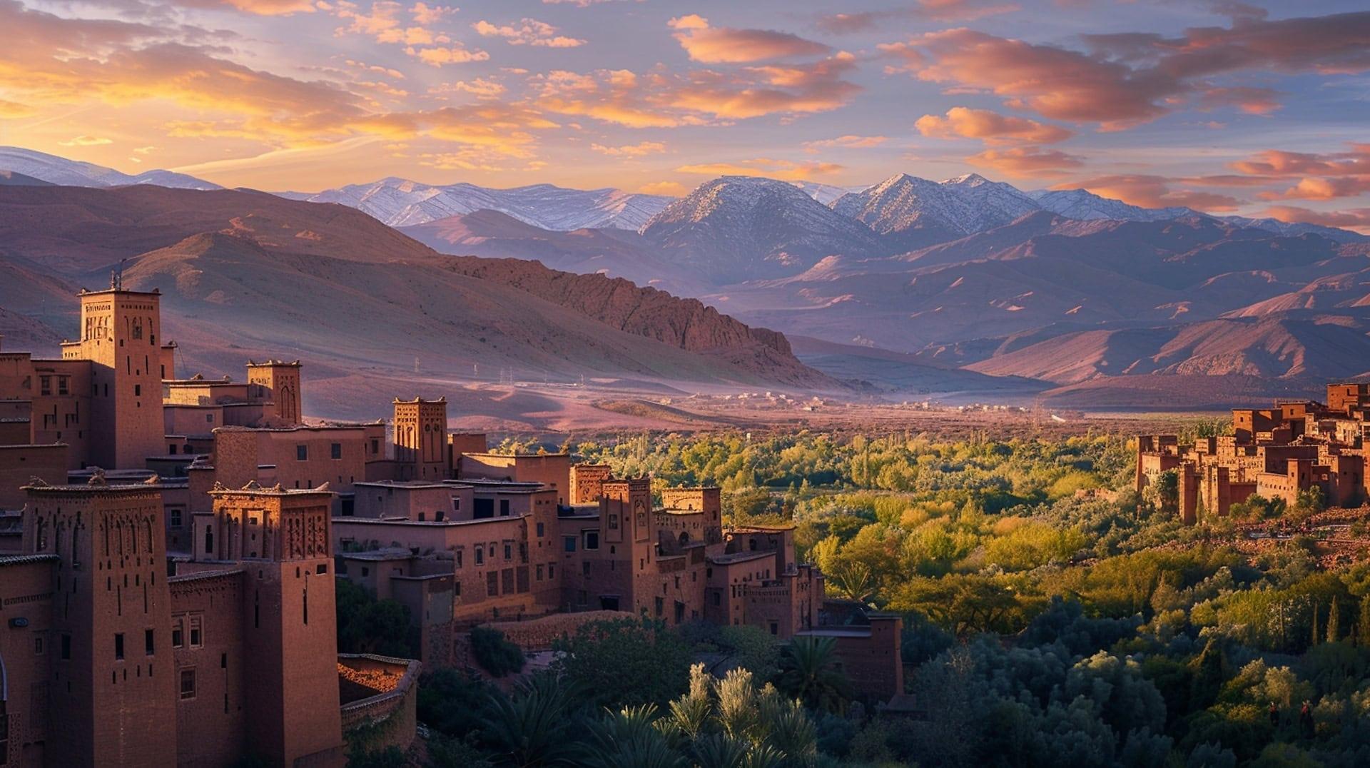 Ait Ben Haddou at sunset with snow-capped Atlas Mountains behind