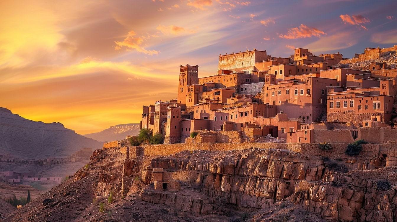 Golden hour view of Ait Ben Haddou clay towers and desert cliffs