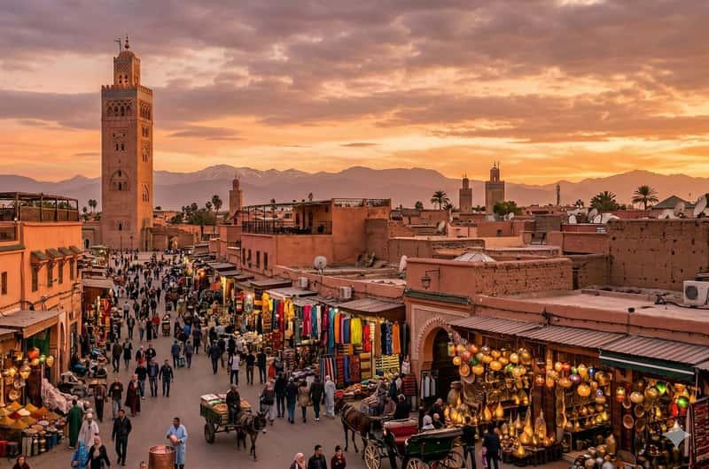 Sunset over the Marrakech medina and Koutoubia Mosque
