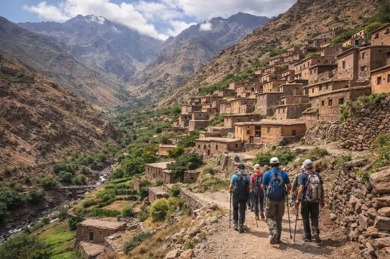 Trekkers on a trail through the High Atlas valley