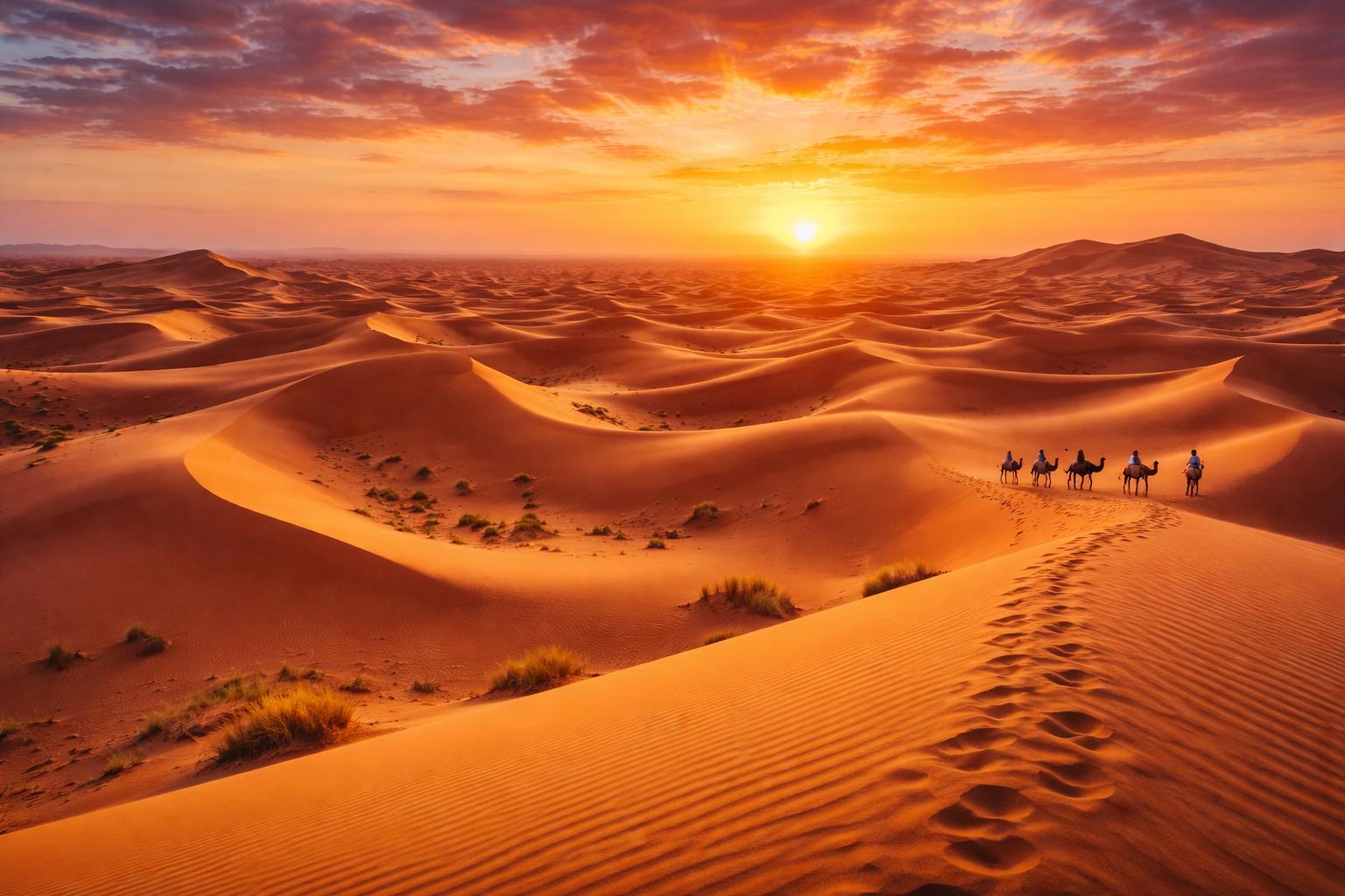 Camel caravan crossing the Sahara dunes at sunset